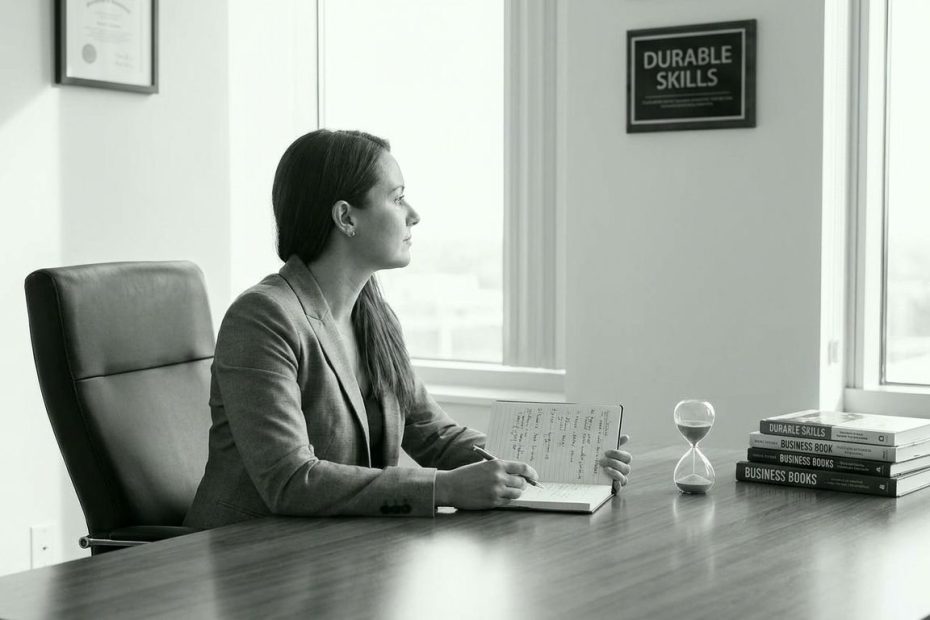 Professional reviewing career strategy notes across consulting, operations, and capital roles