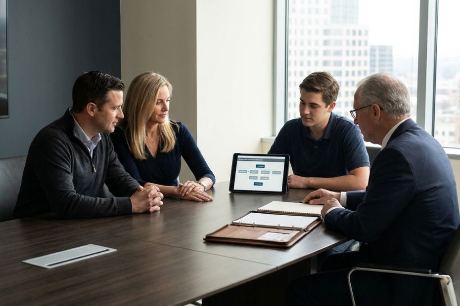 Family reviewing financial documents with an advisor to coordinate wealth planning