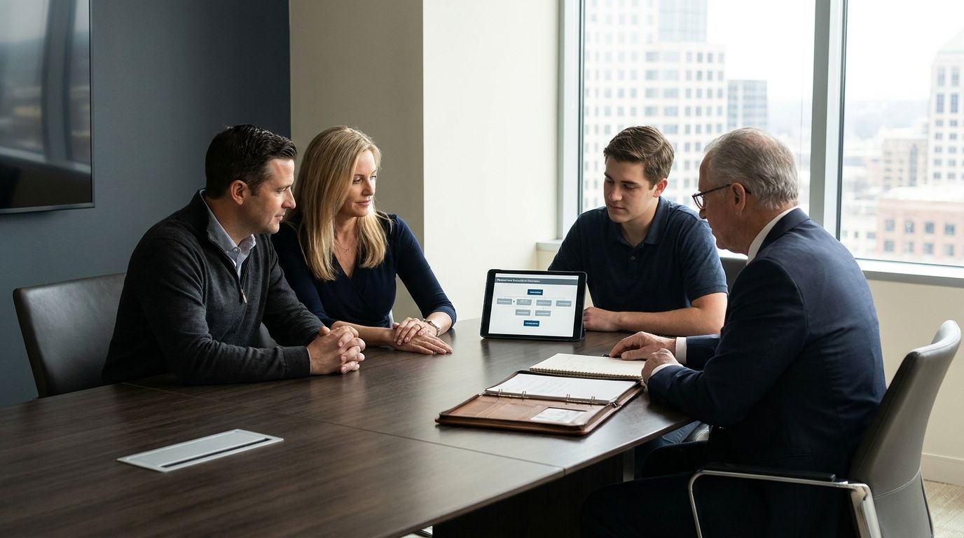 Family reviewing financial documents with an advisor to coordinate wealth planning