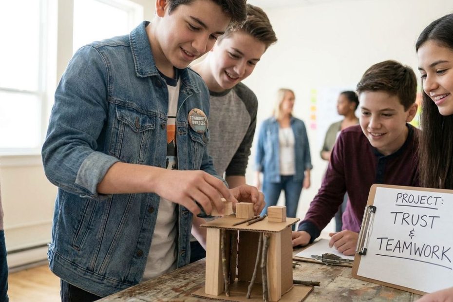 Teen founder organizing volunteers at a community nonprofit table