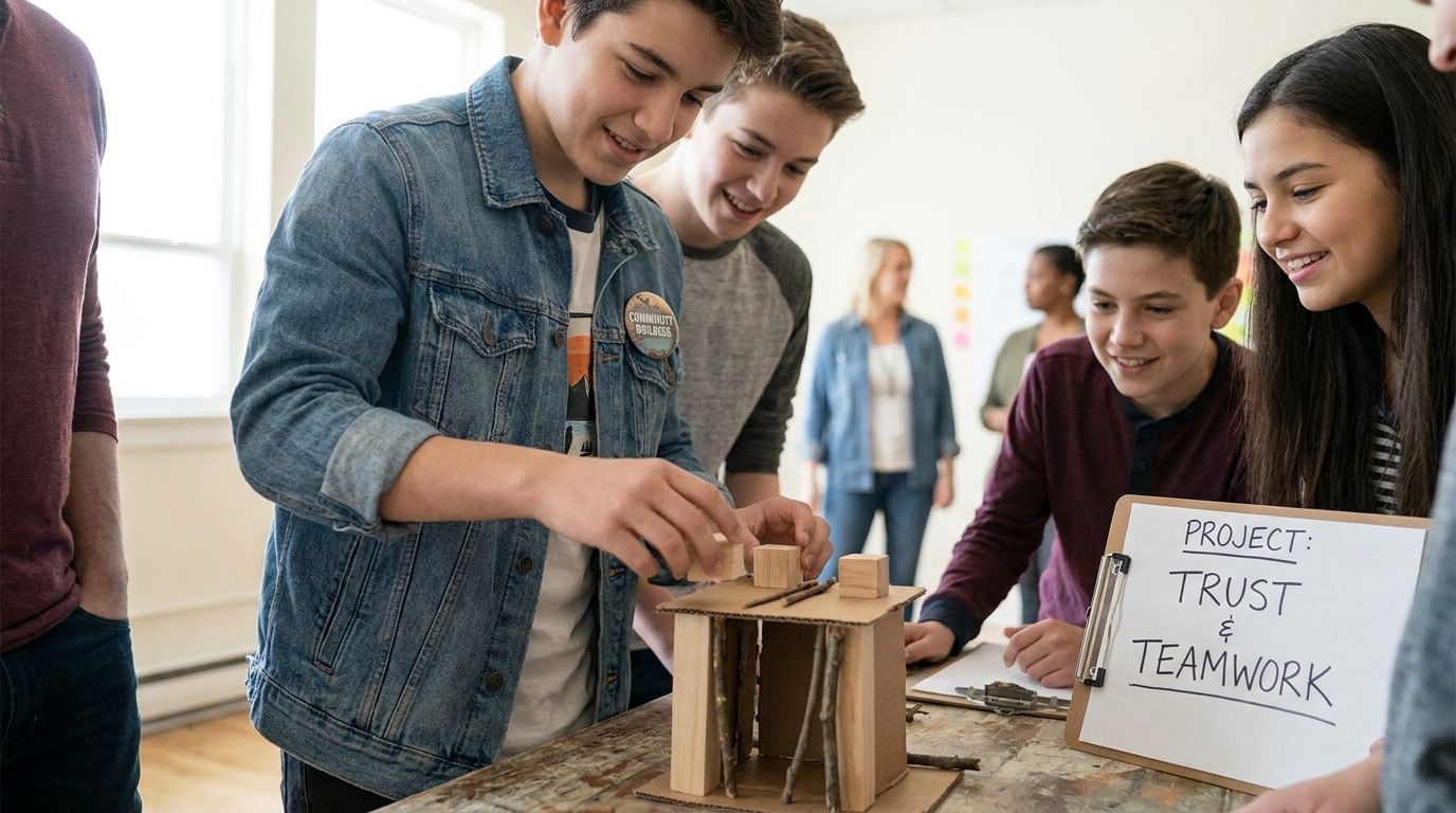 Teen founder organizing volunteers at a community nonprofit table