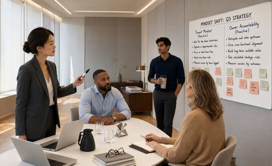 Software team reviewing a project board and discussing ownership of long-term outcomes