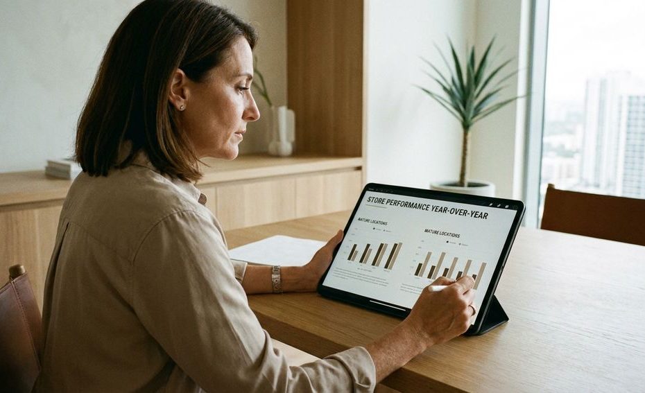Founder reviewing a same-store sales dashboard to compare mature location performance.