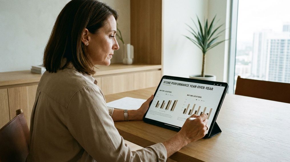 Founder reviewing a same-store sales dashboard to compare mature location performance.