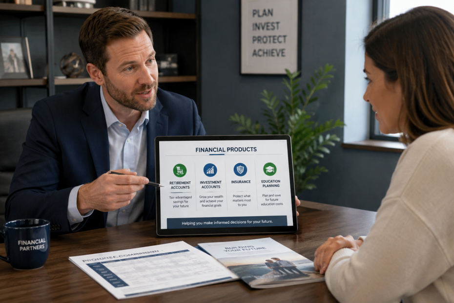 Financial advisor explaining investment options to a client during a planning meeting