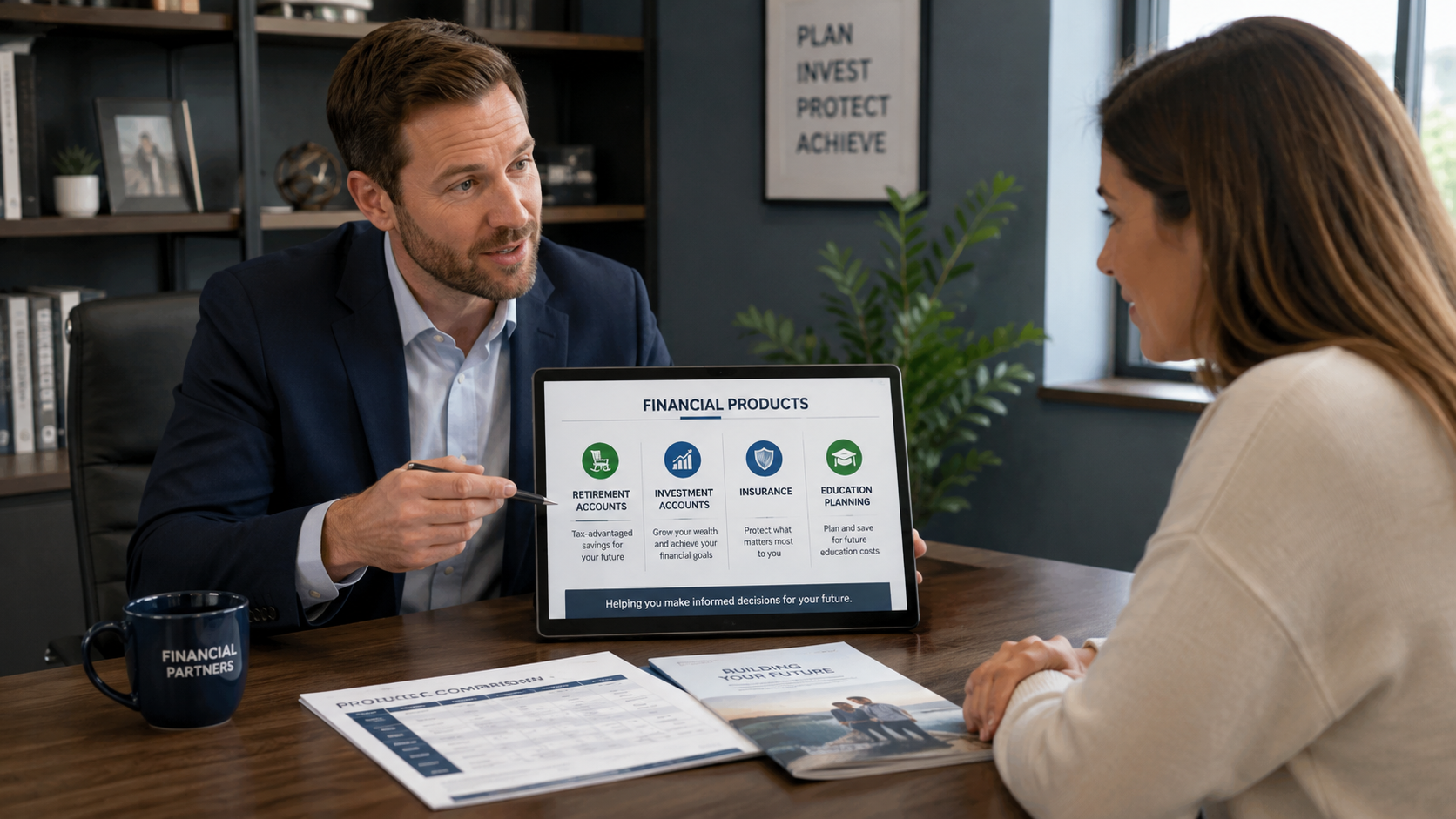 Financial advisor explaining investment options to a client during a planning meeting