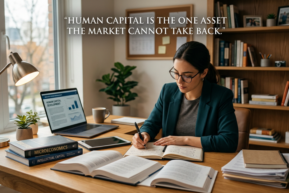 Person studying at a desk to build skills and strengthen human capital
