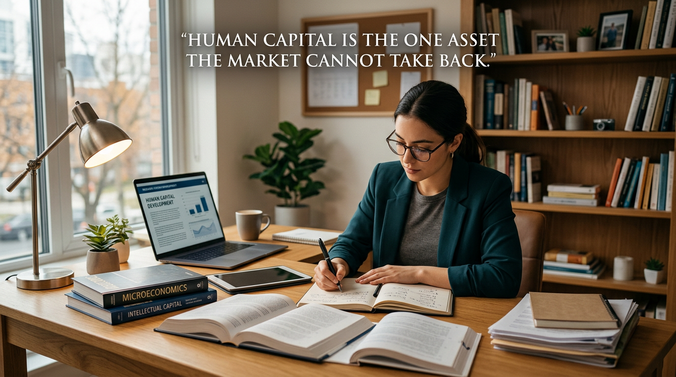 Person studying at a desk to build skills and strengthen human capital