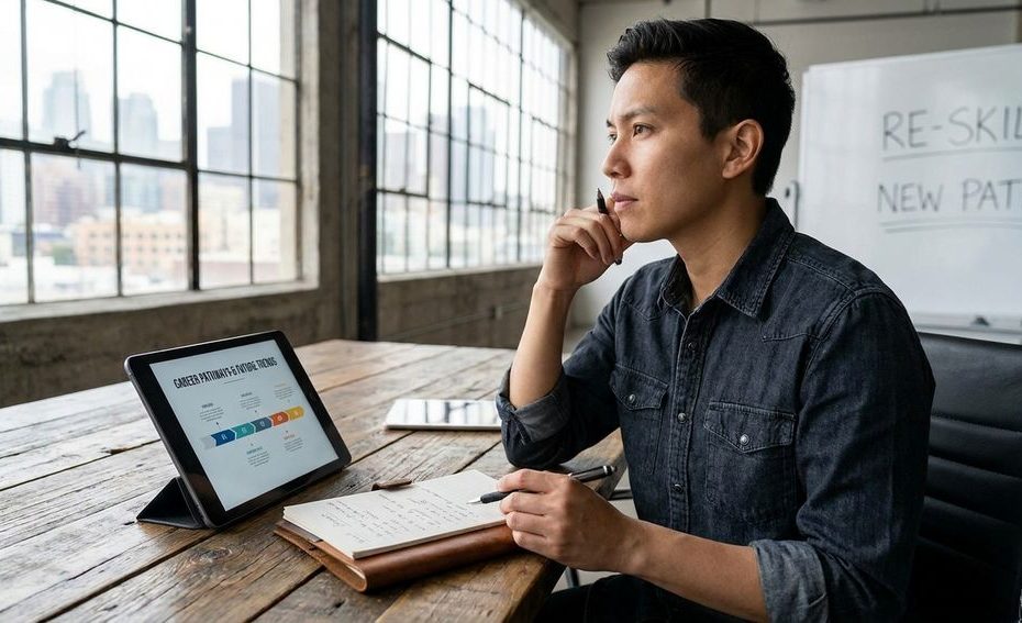 Professional planning a career reset at a desk with notes and a laptop