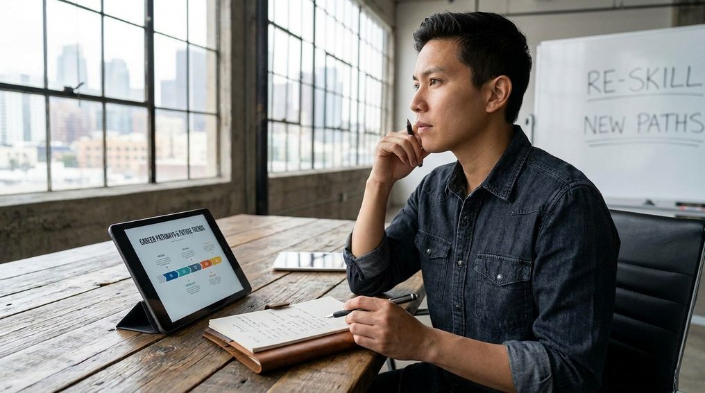 Professional planning a career reset at a desk with notes and a laptop