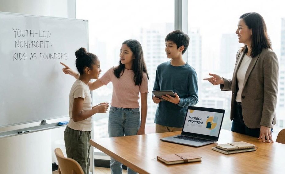 Young students planning a nonprofit project together in a classroom