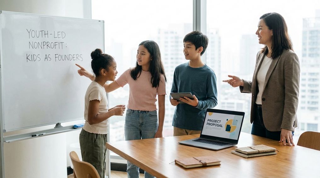 Young students planning a nonprofit project together in a classroom