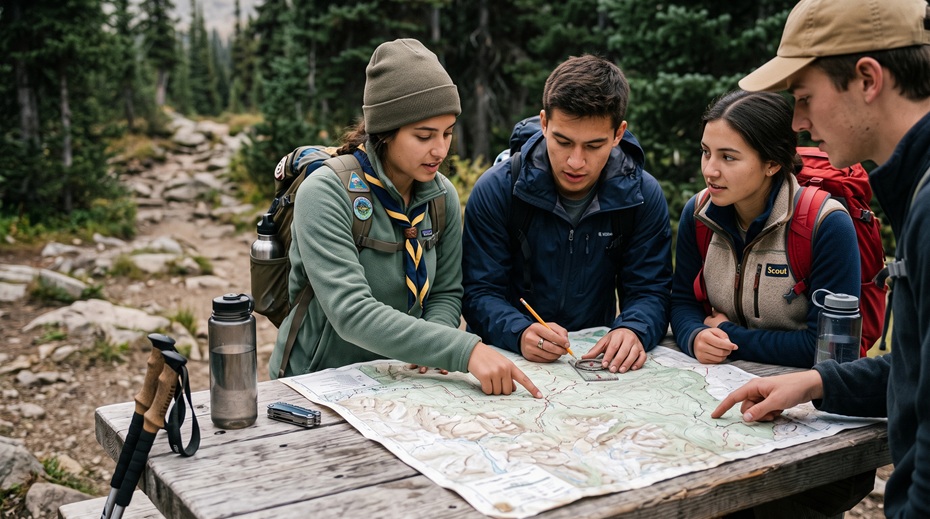 Small group of young hikers checking a paper trail map together at a woodland picnic table