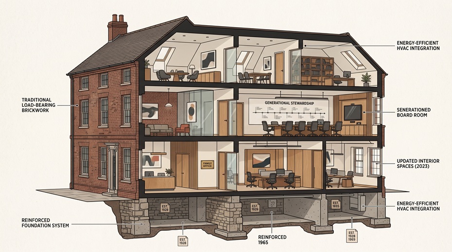 Architectural drawing of a restored brick building with exposed foundations and contemporary interior spaces