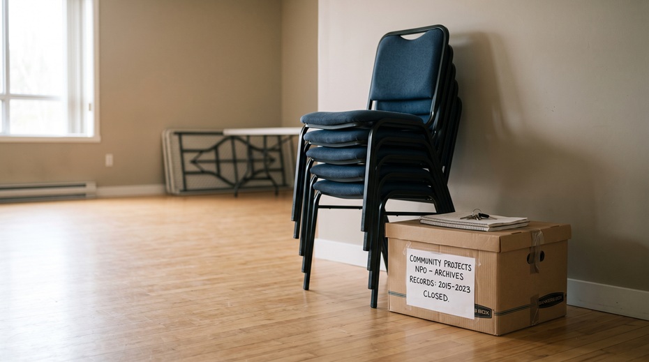 Empty meeting room with neatly stacked chairs and an archive box beside a sunlit window